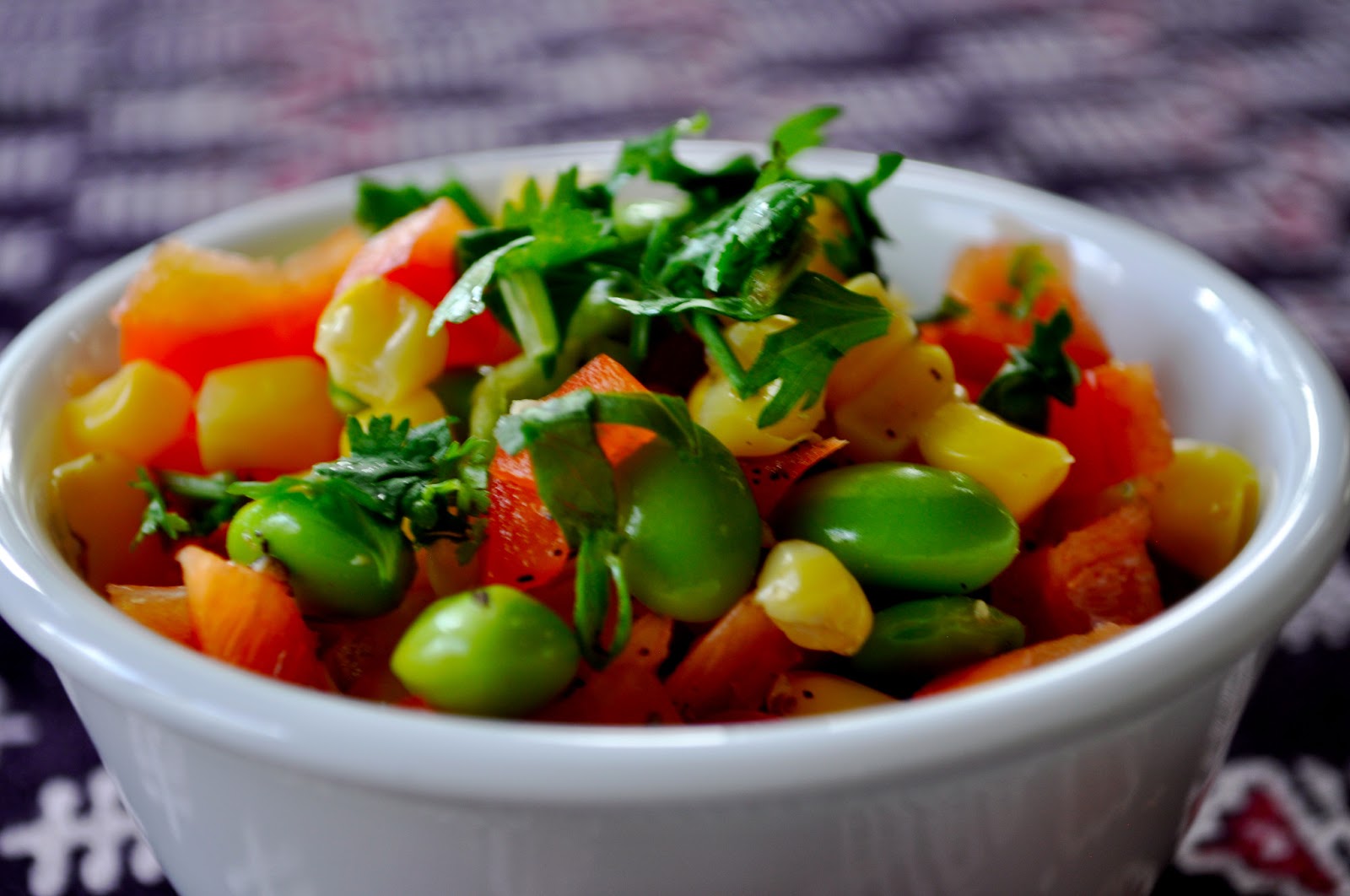 Cooking with Meena Corn, Edamame, and Red Bell Pepper salad