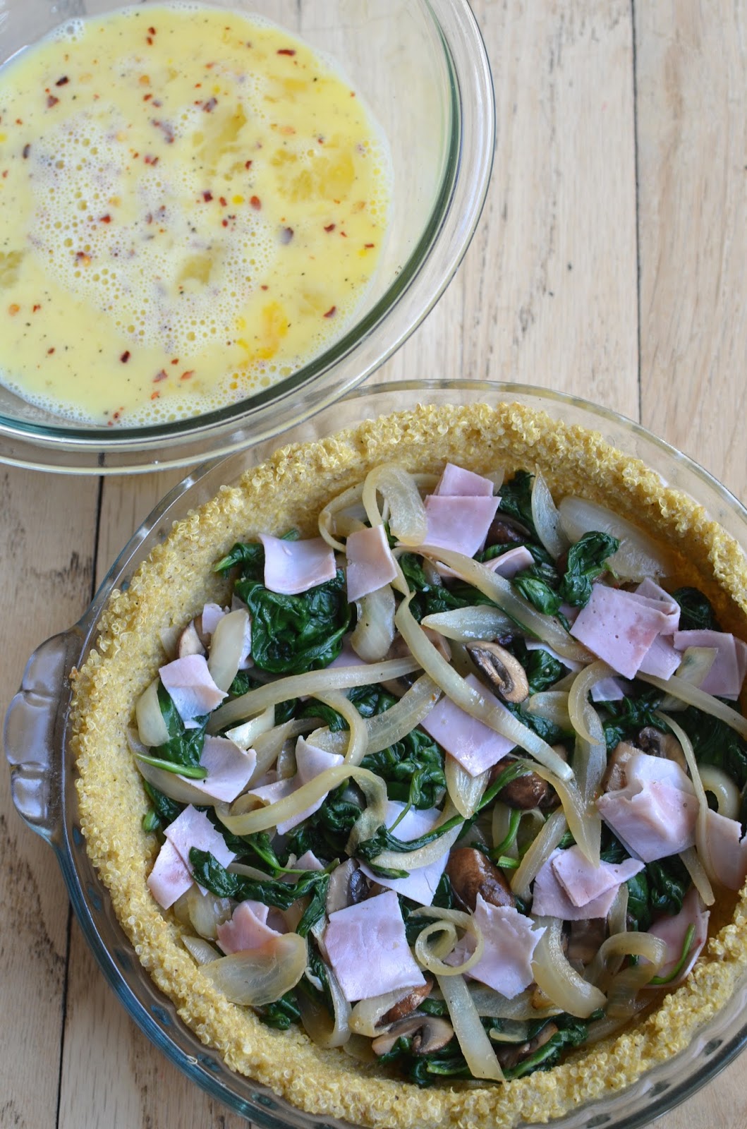 Playing with Flour Spinach, onion, and mushroom quiche with a quinoa crust