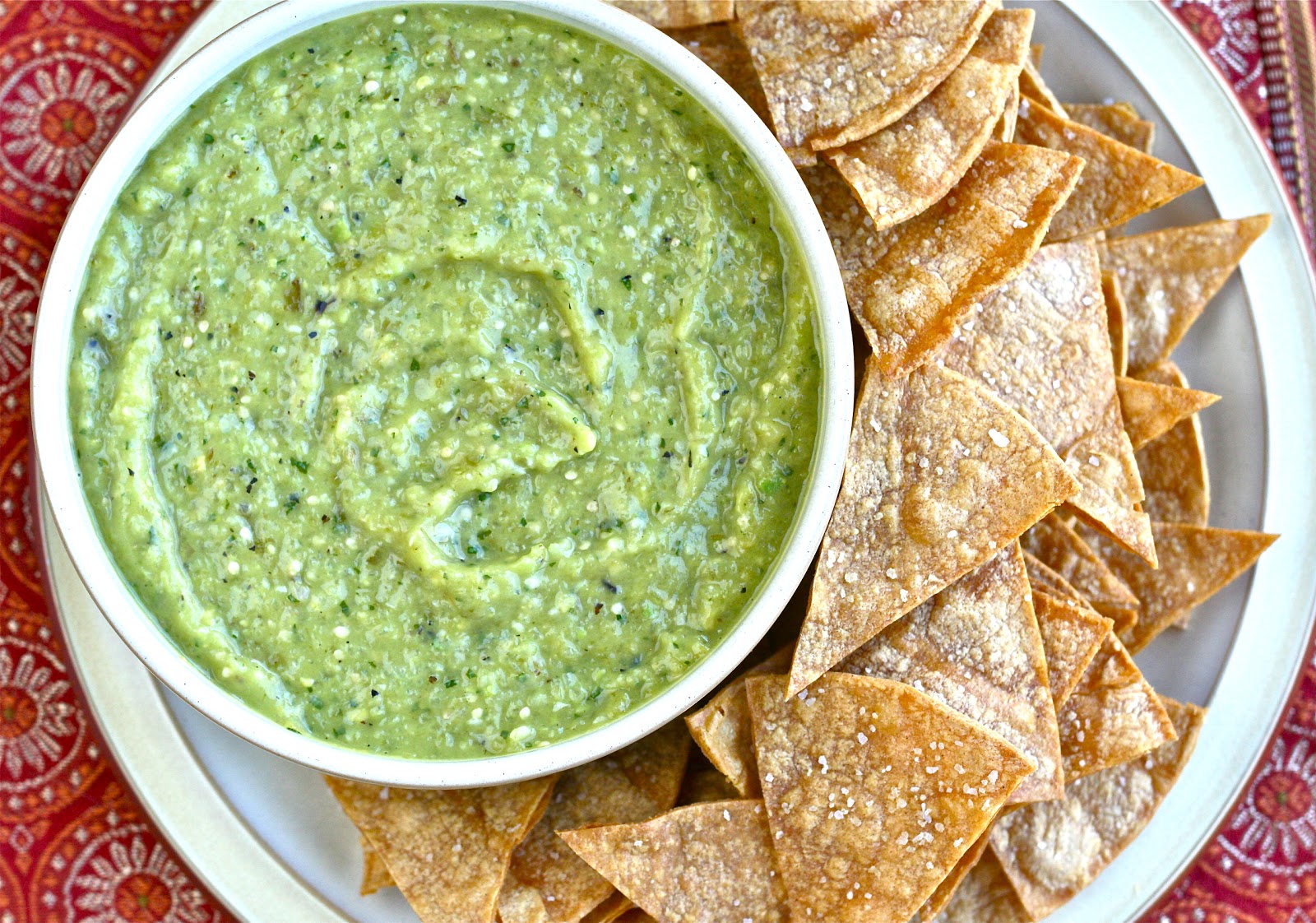 T is for Tomatillo Avocado Salsa with Homemade Baked Tortilla Chips