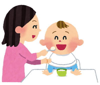 赤ちゃんに離乳食を食べさせているお母さんのイラスト