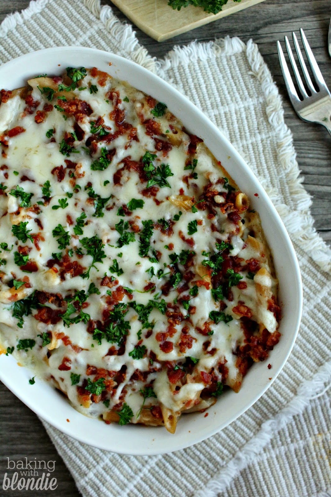 Bacon Alfredo Bake with Whole Grain Pasta