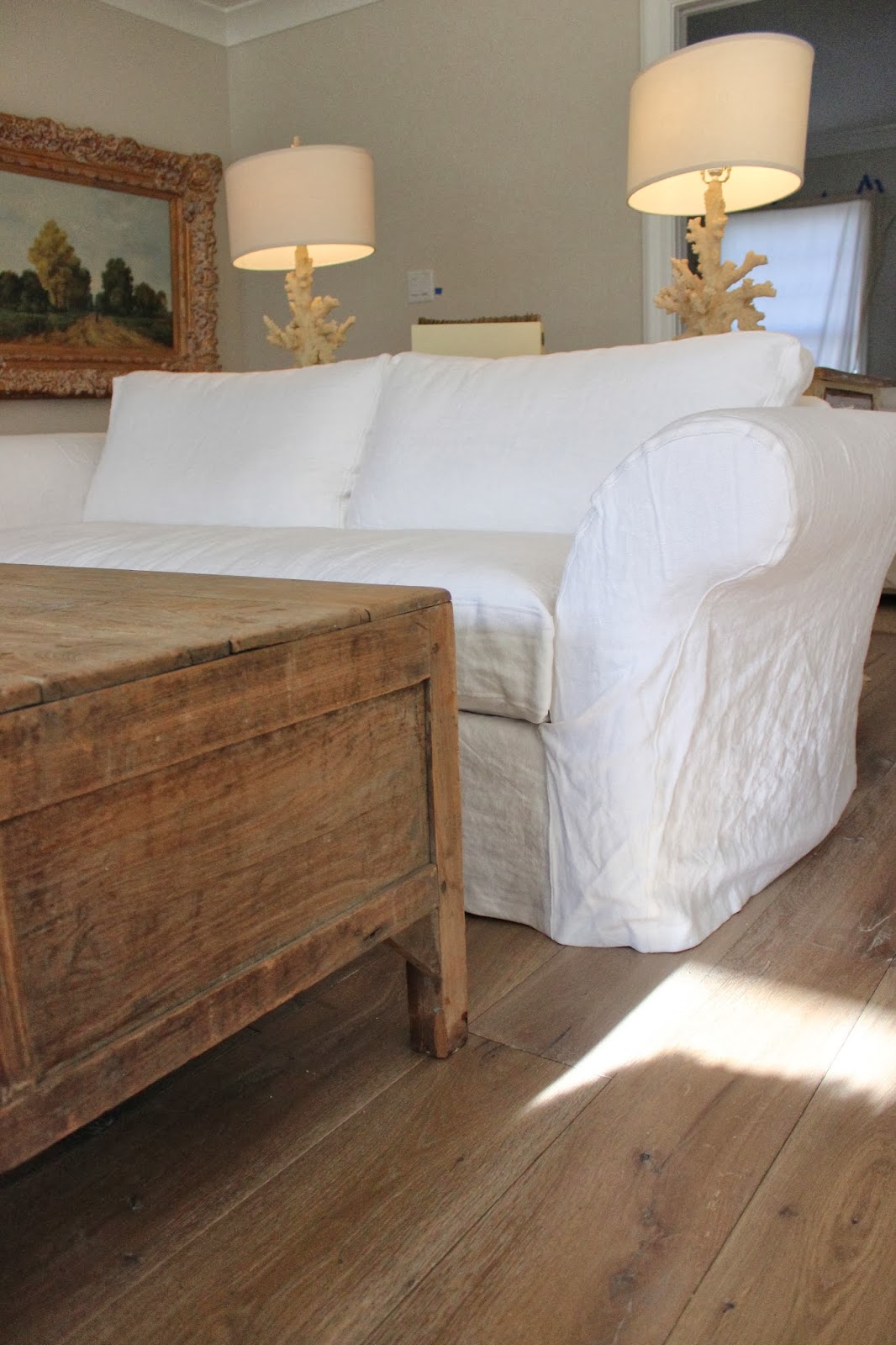 Custom Slipcovers by Shelley Topstitched White Linen Couches