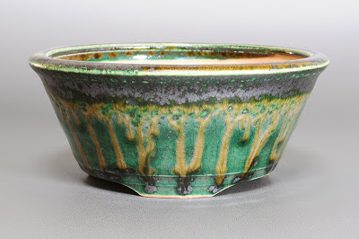 織部釉丸盆栽鉢（Oribe glaze bonsai pot）h1816