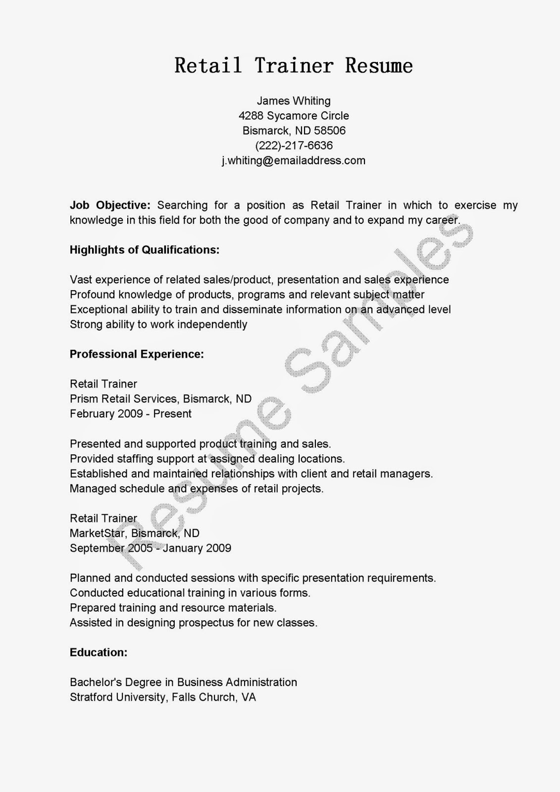 sample trainer resume