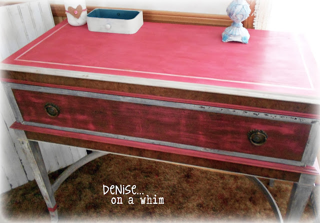 Stripe Detail on the Top of an Antique Stand makeover via http://deniseonawhim.blogspot.com