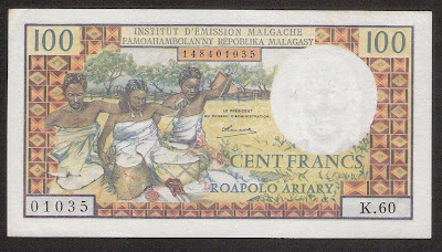 Madagascar banknotes 100 Francs banknote Malagasy paper money
