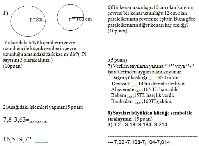 5. Sinif Matematik 2. Dönem yazılı Sınav Soruları - Matematik-Tr
