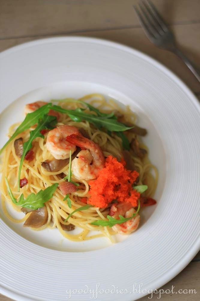 GoodyFoodies Recipe Spaghetti with King Prawns, Ebikko and Rocket