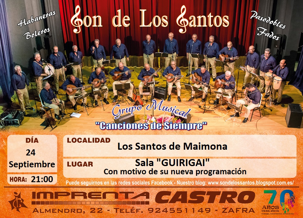 ÚLTIMAS NOTICIAS: Concierto en la Sala GUIRIGAI de Los Santos de Maimona, 24 de septiembre de 2016