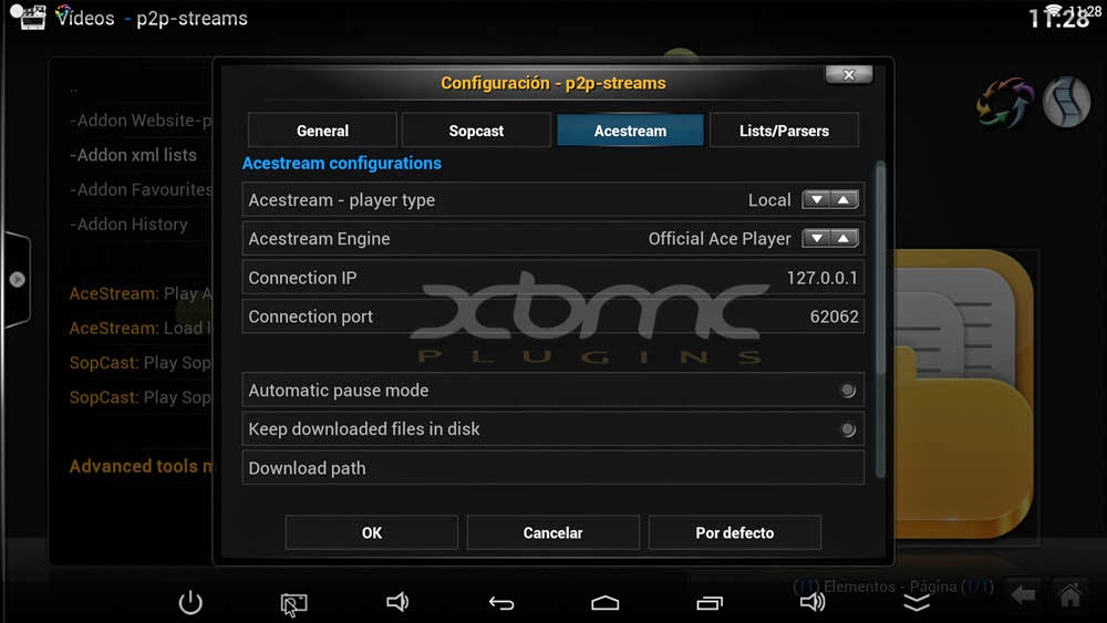 Configuration P2PSTREAMS ACESTREAM SOPCAST XBMC KODI Configuración P2PSTREAMS ACESTREAM SOPCAST XBMC KODI