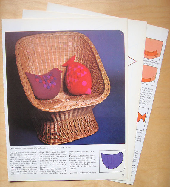 Fish & Bird cushions from a 70s sewing pattern + a sort of Nauga  1970 naugahyde