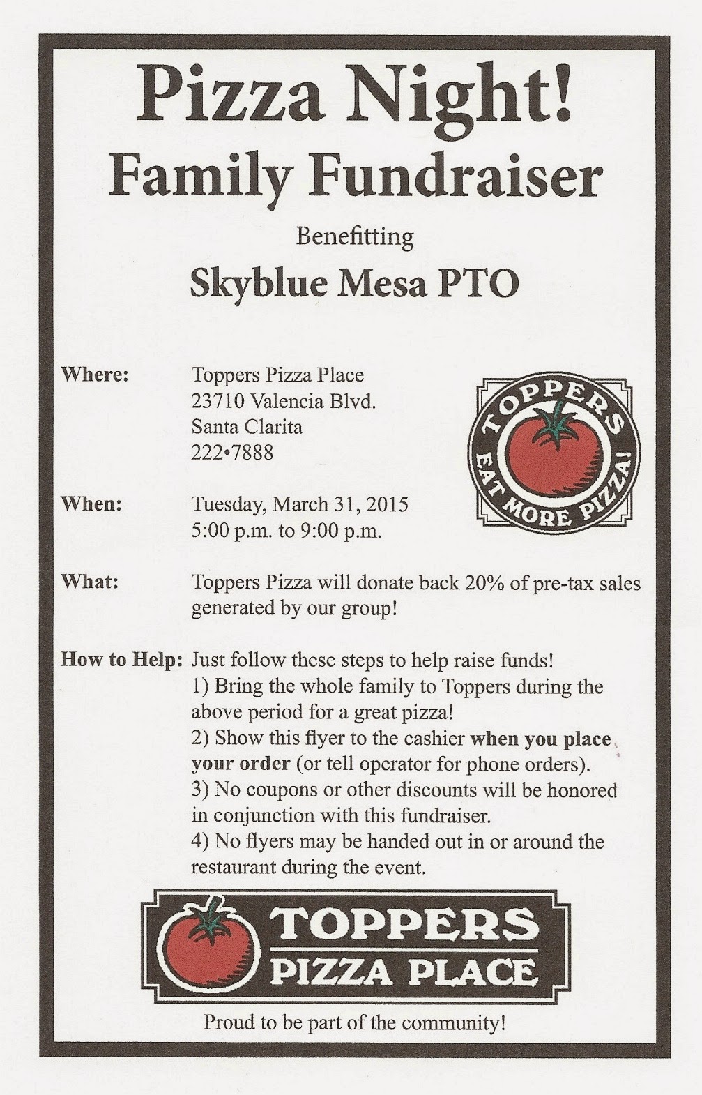 skyblue mesa pto march 2015 restaurant night fundraiser flyer