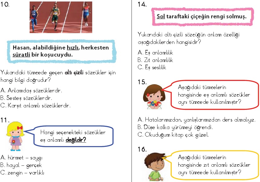 2. Sinif Türkçe Sözcükte Anlam Soruları Testi - Ders ve Çalışma Kitabı
