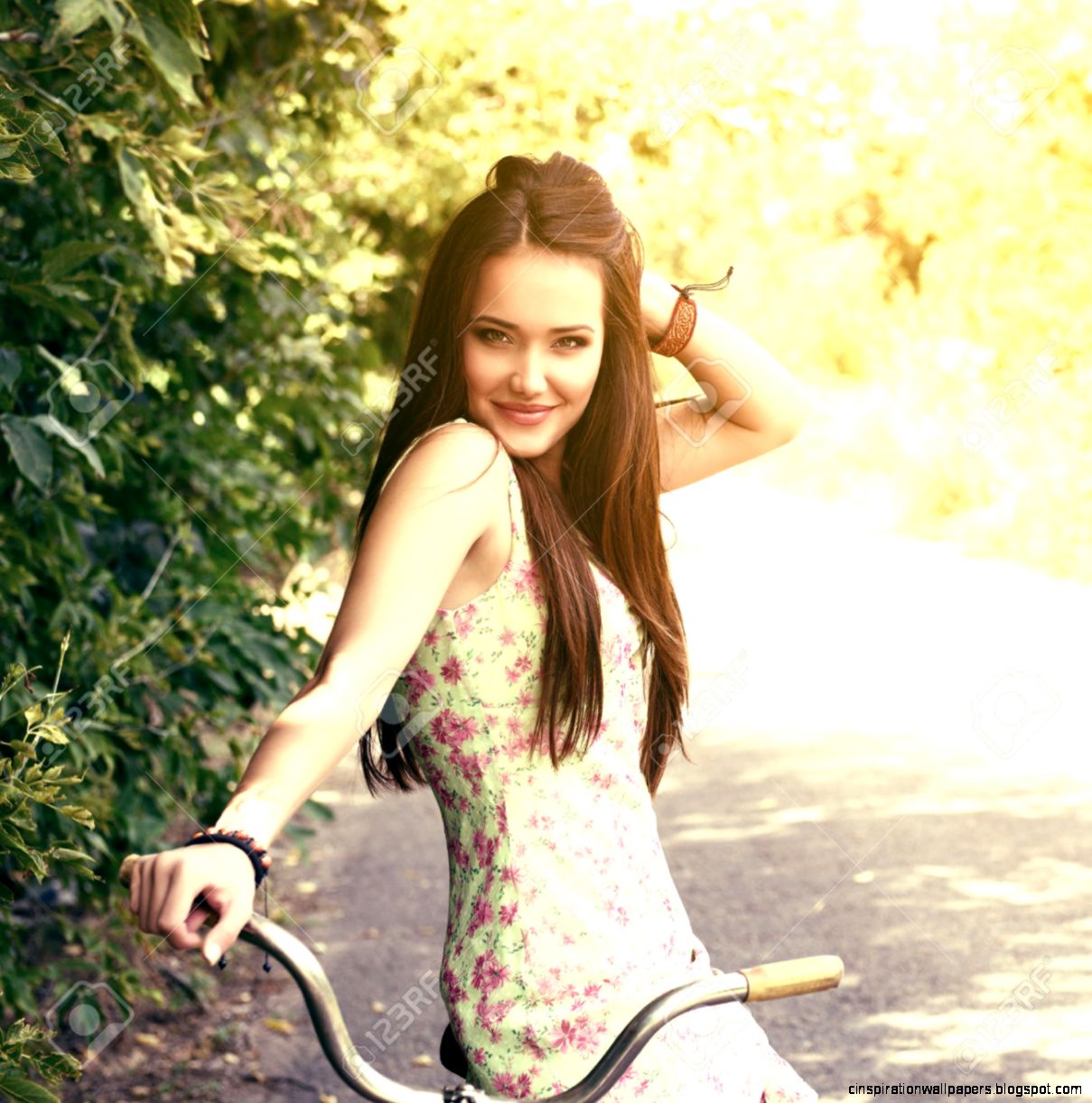 Happy Young Beautiful Woman With Retro Bicycle Portrait Of Fresh Happy Young Beautiful Woman With Retro Bicycle Portrait Of Fresh