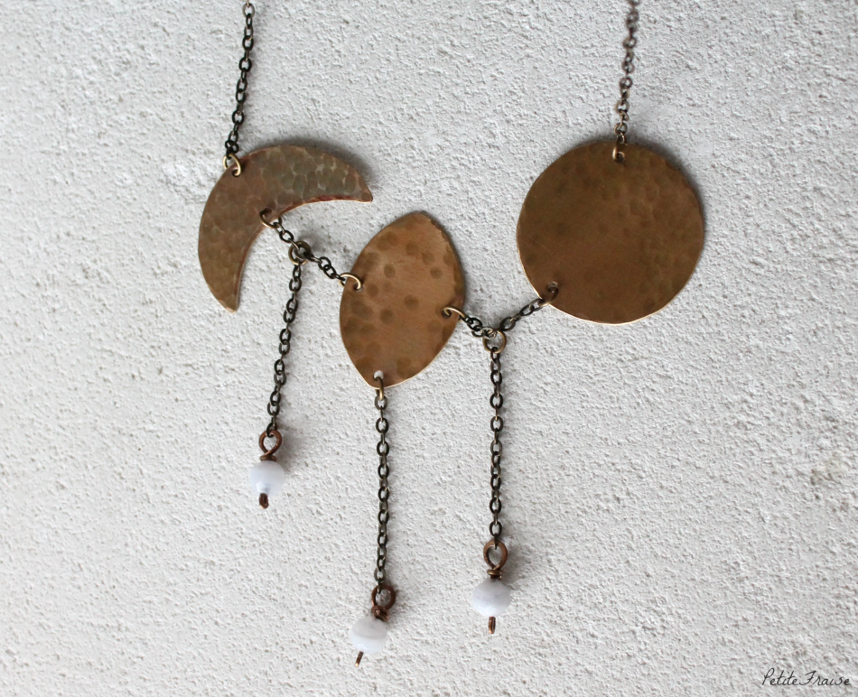 Moon phases necklace nr 04, gold bronze and chalcedony faceted gemstones. Hand hammered brass. PetiteFraise Handmade Jewelry