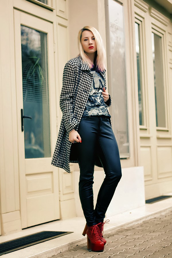 los angeles shirt, leather pants, houndstooth coat