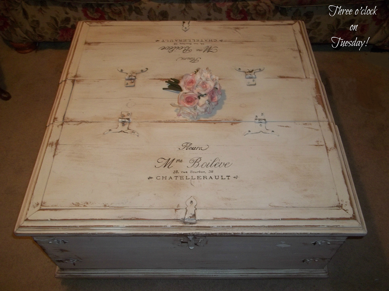 Three o'clock on Tuesday SOLD Shabby vintage label coffee table / trunk.