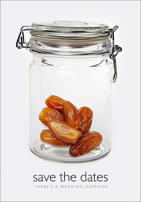 Save the Dates postcard with picture of jar of dates