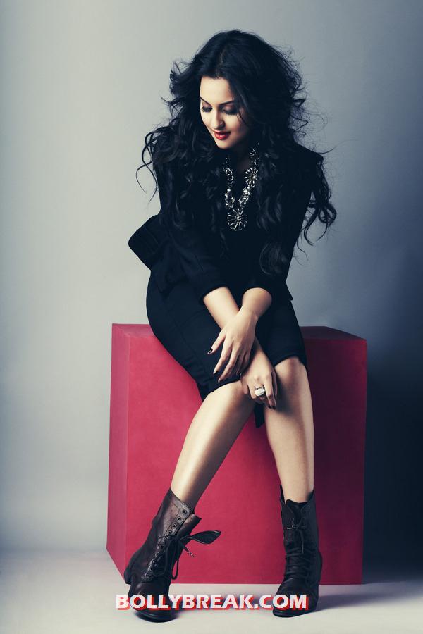 Sonakshi in all black sittng on red box  - (2) - Sonakshi Sinha for Cosmopolitan Magazine - August 2012