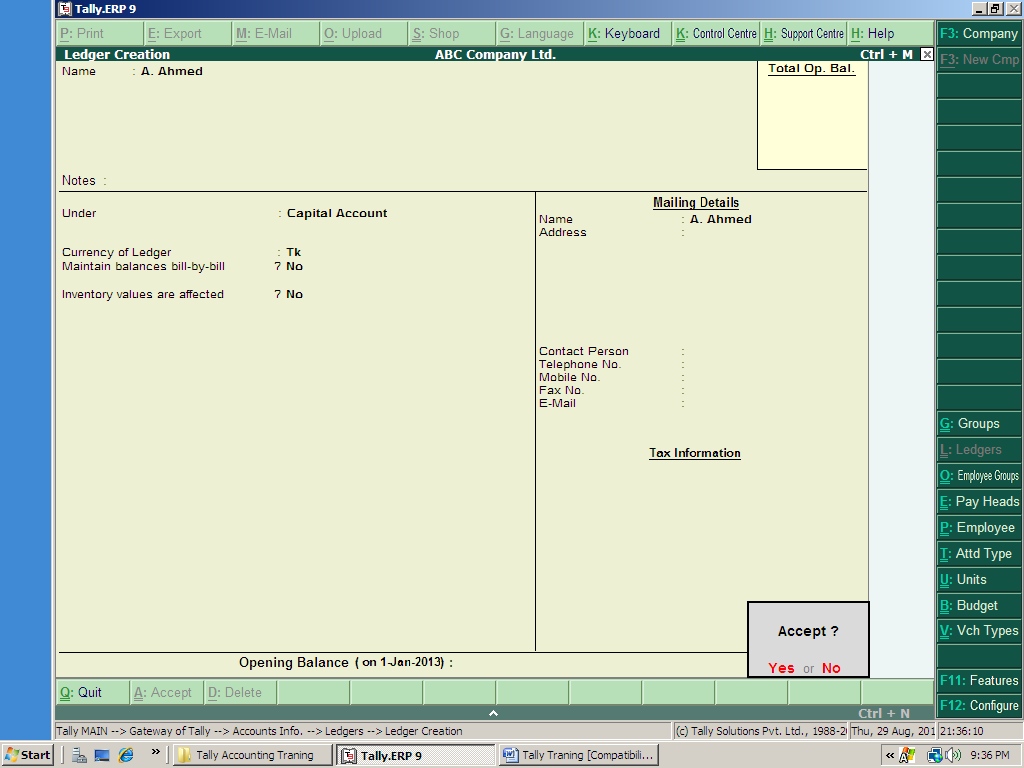 Tally operating Solution To Create “Capital A/c” in Tally Soft ware