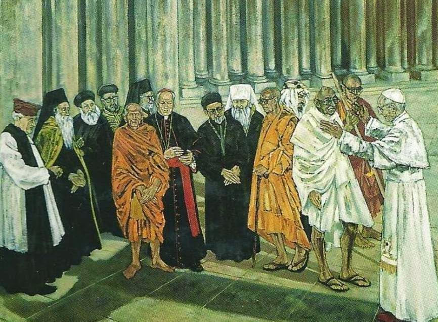 Cuadro de Dolores Puthod sobre Pablo VI con los líderes de otras religiones
