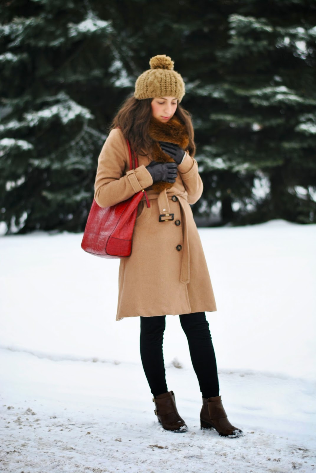beige winter trench tuque brown booties fashion red handbag fur scarf leather gloves