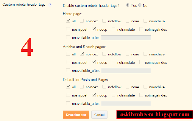 Custom Robots Header Tags settings in Blogger