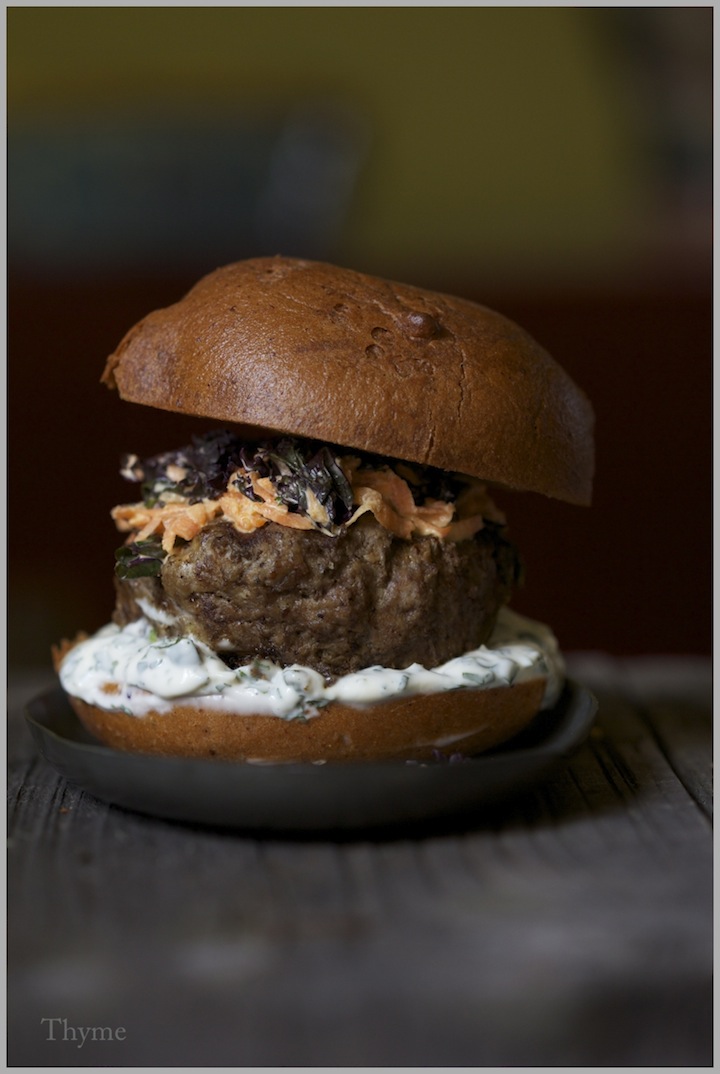 Thyme Hamburgers! with Kale 'Slaw' and CilantroLime Mayonnaise