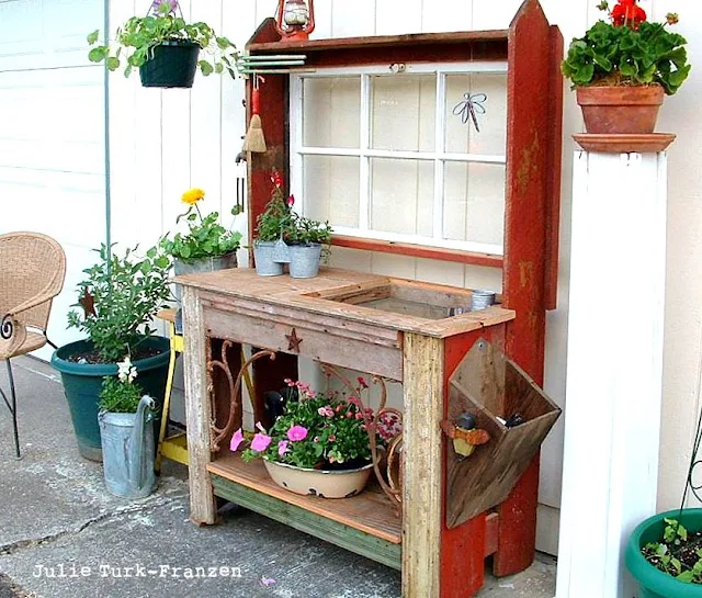 Selectively salvaged reclaimed wood potting bench - Julie Turk-Franzen