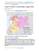 Map of fighting and territorial control in Syria's Civil War (Free Syrian Army rebels, Kurdish YPG, Al-Nusra Front, Islamic State (ISIS/ISIL), and others), updated for August 2015. Highlights recent locations of conflict and territorial control changes, such as Ayn Issa, Sarrin, Hasakah, Mansour, Frikka, Elbeyli, Qaryatain, and more.