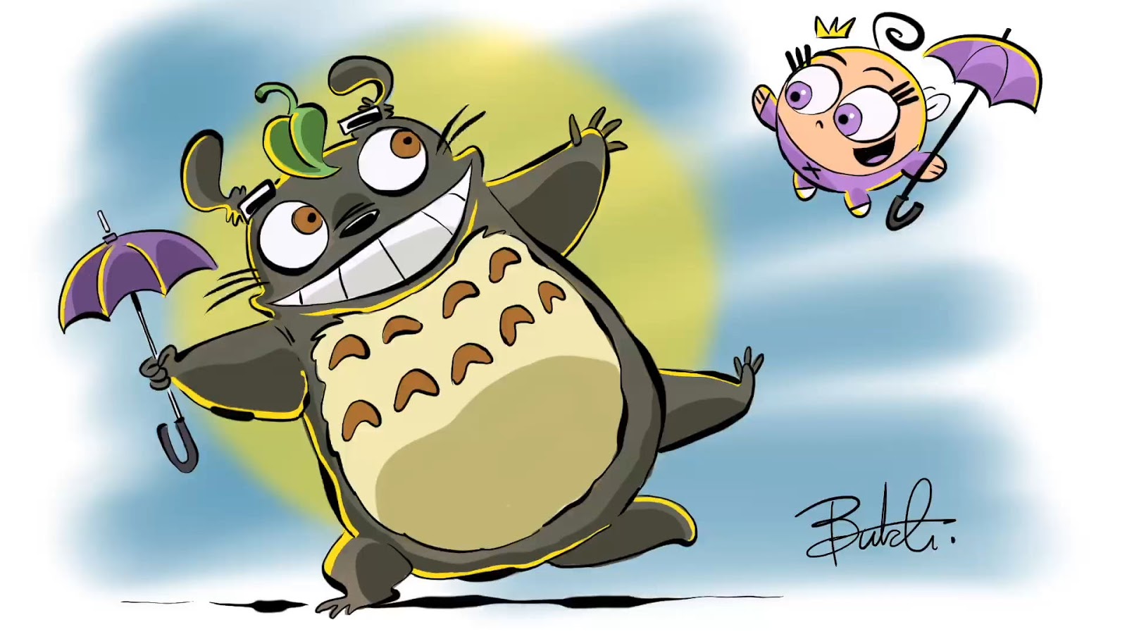 Totoro z anime Mój sąsiad Totoro oraz Puff z kreskówki Wróżkowie chrzestni autorstwa Butcha Hartmana