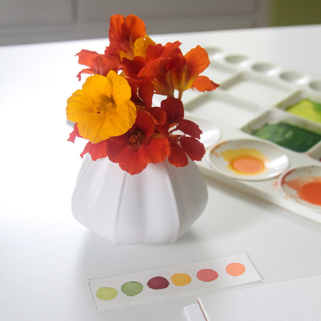 nasturtiums, watercolor, paint palette, paint swatches, Anne Butera, My Giant Strawberry