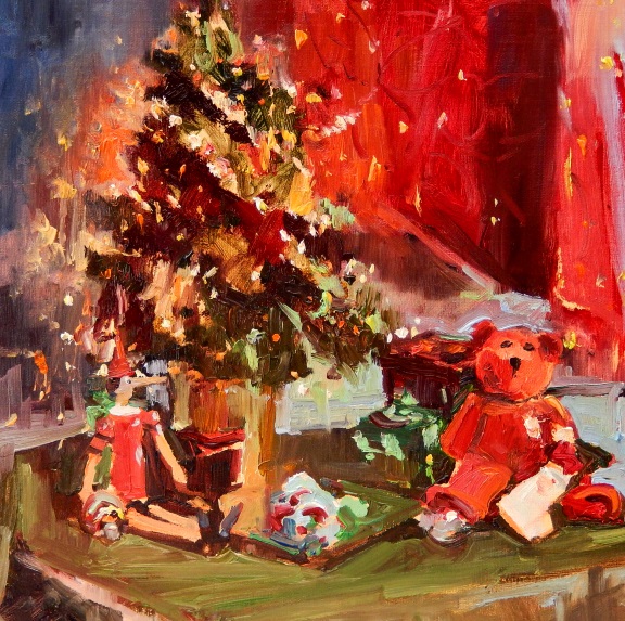 in plein air: &ldquo;Christmas Still Life&rdquo; original oil painting by Robin Weiss