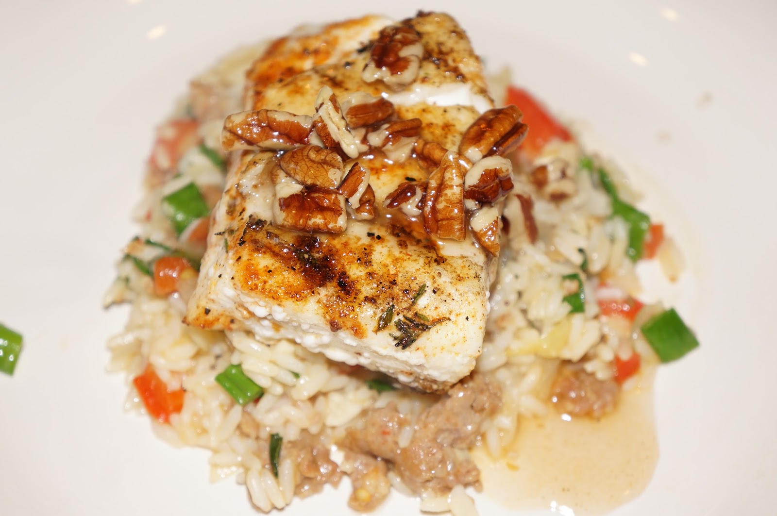 adorned abode archive Cajun Halibut with Praline Sauce Over Dirty Rice