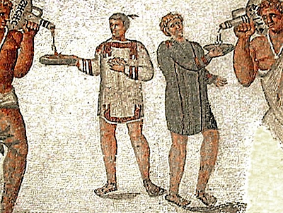 Roman slaves filling bowls with wine