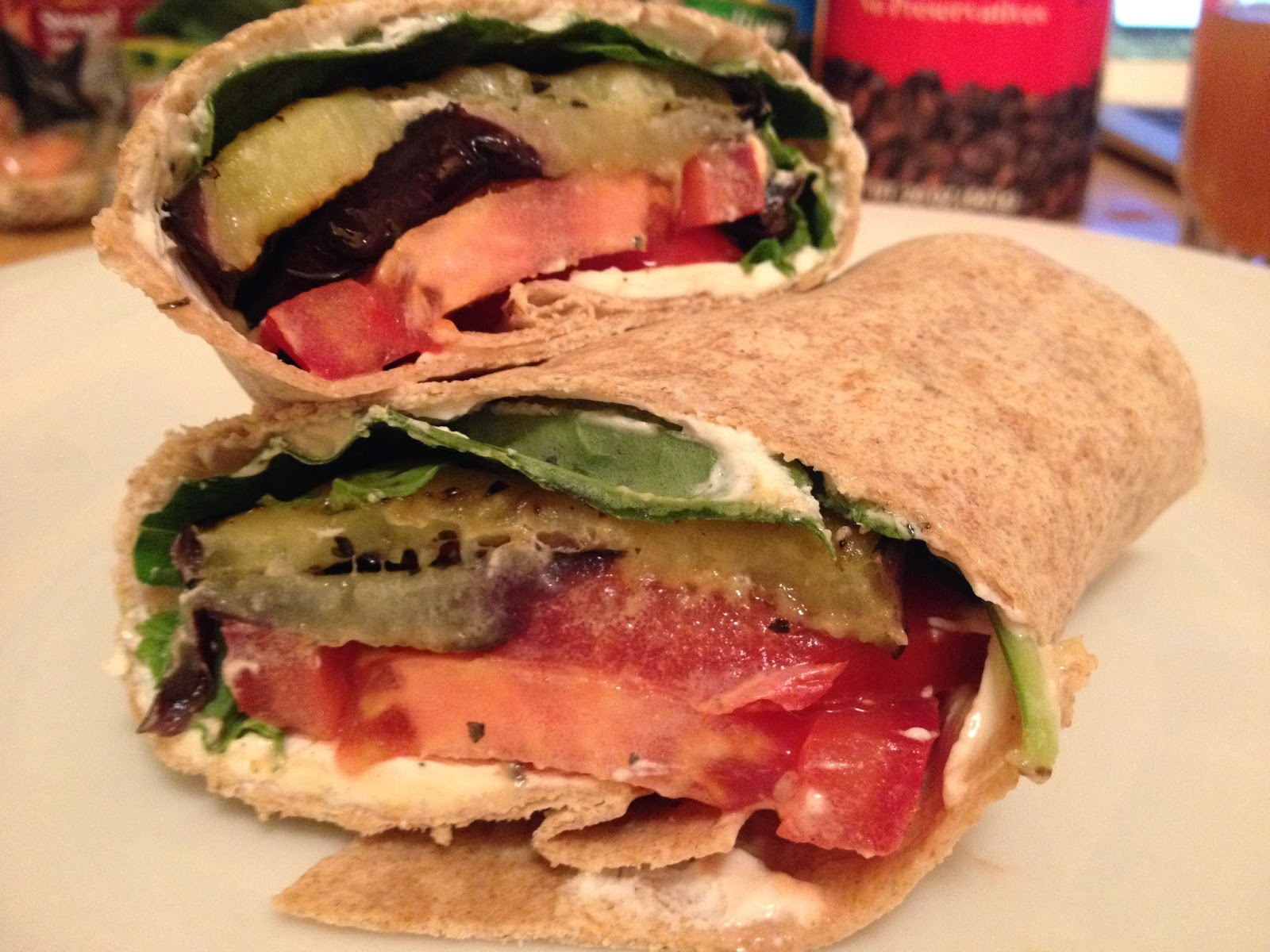 Fig & Rose Goat Cheese, Eggplant, Tomato + Basil Wraps