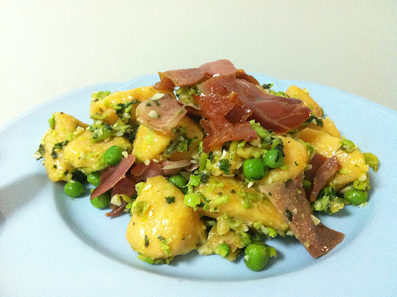 The Hasty Gastronome Sweet Potato Gnocchi with Pea Pesto and Prosciutto