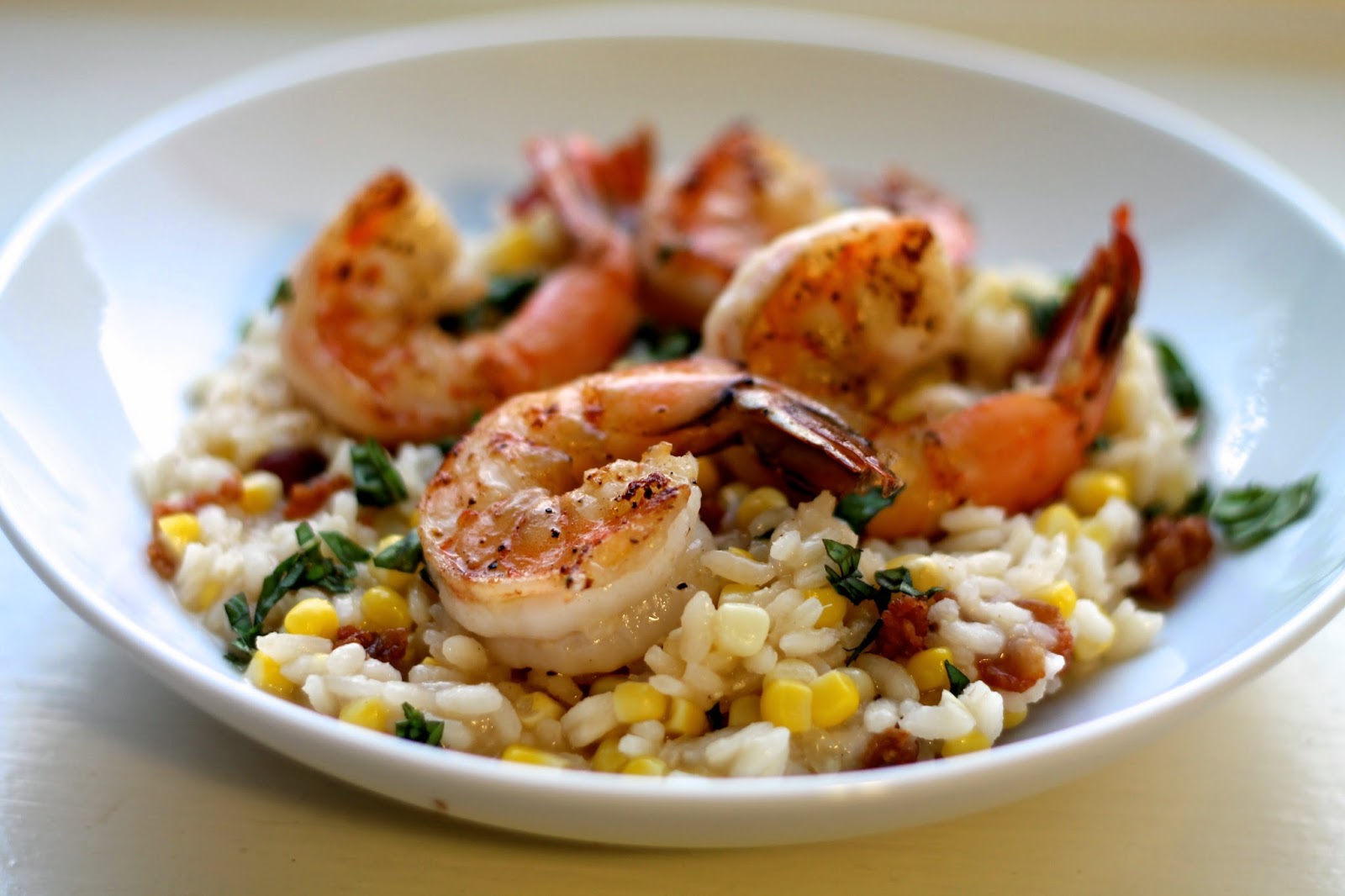 Young and Entertaining Sweet Corn & Bacon Risotto with Shrimp
