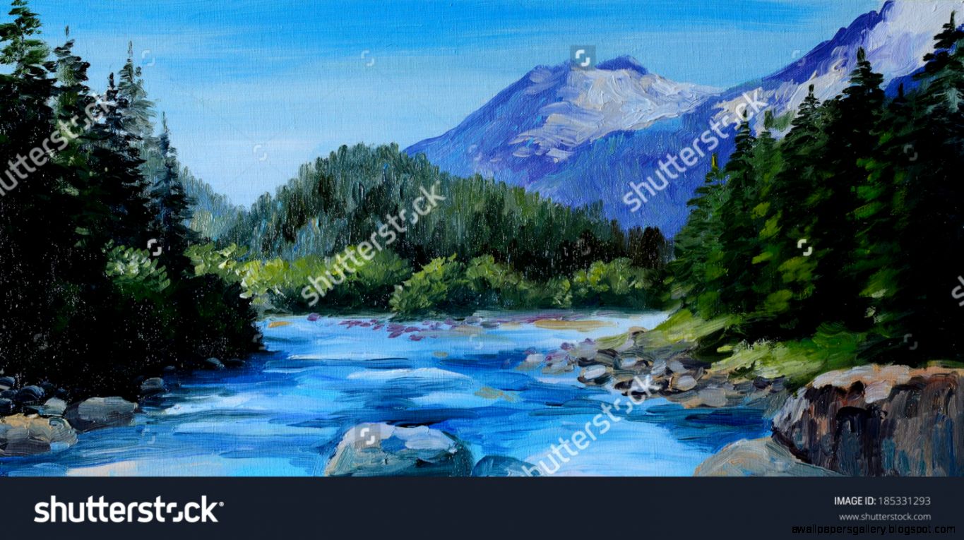 Oil Painting Mountain River Rocks And Forest Abstract Drawing Oil Painting Mountain River Rocks And Forest Abstract Drawing