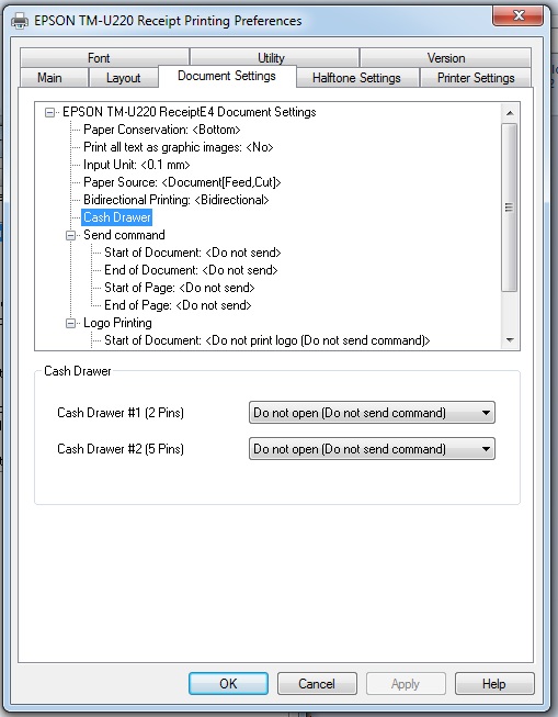 Settings to open or eject CASH Drawer the red wire