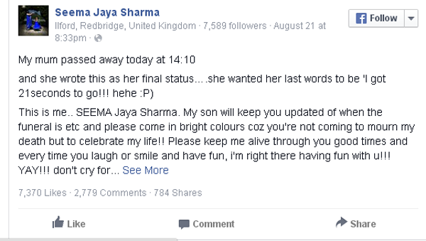 Final Facebook status from Seema Jaya Sharma who died of cancer is pretty inspirational,
