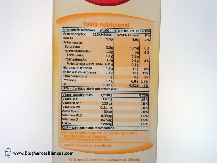 Información nutricional de la Leche con Omega 3 Milbona de Lidl.