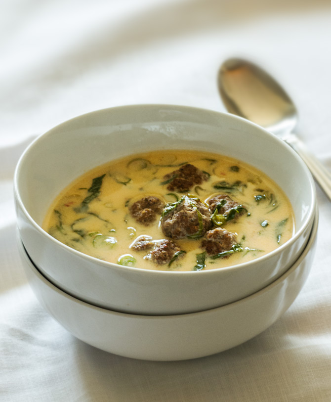 Cooking Weekends Harissa Yogurt Soup with Lamb Meatballs