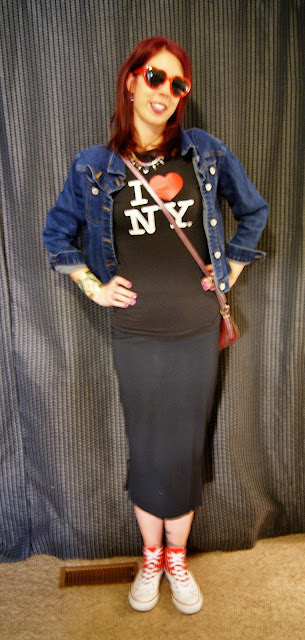 My Style: New York City Souvenir T-shirt, Vero Moda Pencil Skirt and Converse Andy Warhol Shoes from Hudson's Bay, Shop For Jayu Neckalce, Mizdragonfly Wonder Woman Cuff, Jean Jacket, fashion, outfit, tips, heart, sunglasses, dollarama, tomato soup, chuck taylors, hi top, love, ootd, the purple scarf. melanie.ps, toronto,ontario, canada, guess purse
