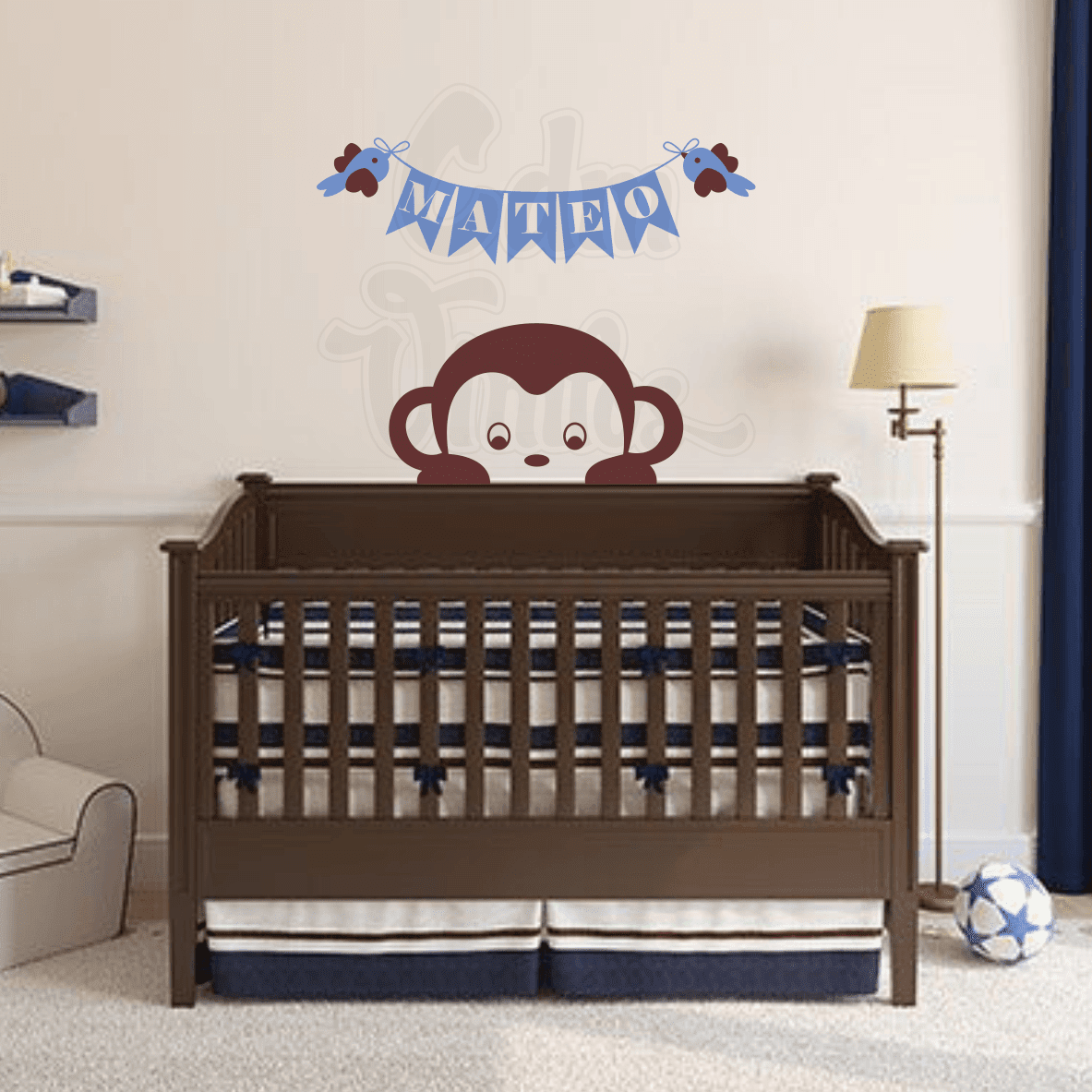 vinilo decorativo infantil bebe para pared, monito, mono, pajaritos, pajaros, banderin, nombre