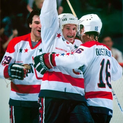  All Caps:  Goal! Craig Laughlin, flanked by linemates Ted Bulley and Bengt Gustafsson 