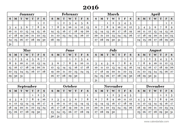 2016 Yearly Calendar Template 10