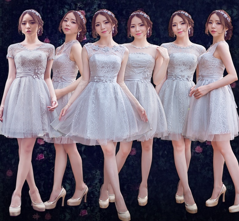 6-Design Tulle Gray Lace Midi Bridesmaids Dress