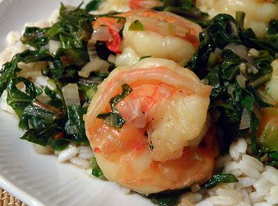 Closeup of Shrimp Braised with Kale