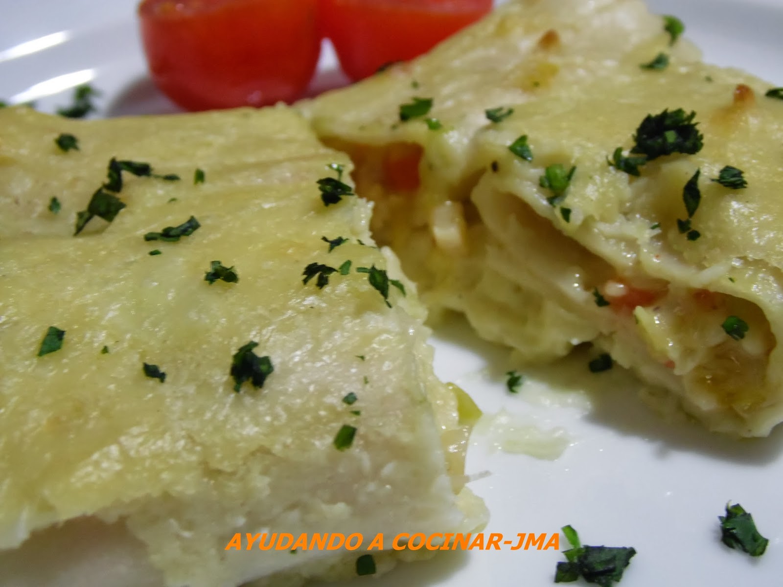 Canelones De Gambas Con Verdura.
